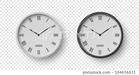 Vector 3d Round Wall Office Clock with White Clock Dial Set Closeup Isolated. Watches, Design Template, Mock-up for Branding, Advertise. Vector Simple Minimalistic Clocks, Watches in Front View 104656831