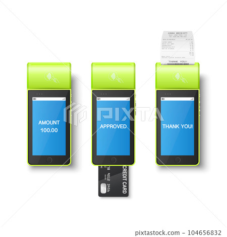 Vector 3d Green NFC Payment Machine with Approved Status and Paper Receipt, Bill, Credit Card. Payment POS Terminal, Machine Design Template of Bank Payment Contactless Terminal, Mockup. Top View 104656832