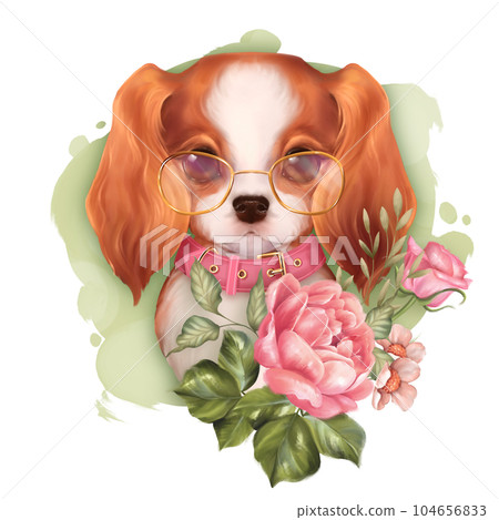 Cute spaniel dog with rose flowers. Summer illustration. 104656833