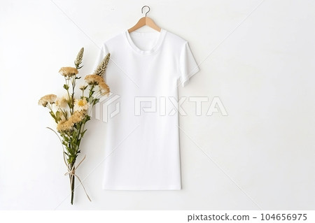 A white T-shirt is hanging on a hanger A white T-shirt is hanging on a hanger 104656975