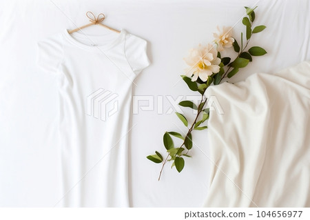 A white T-shirt is hanging on a hanger A white T-shirt is hanging on a hanger 104656977