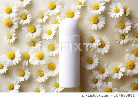 Mock-up tube of white cream in chamomile flowers 104656991