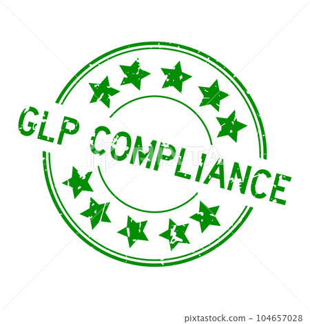 Grunge green GLP (Abbreviation of Good laboratory practice) compliance word with star icon round rubber seal stamp on white background 104657028