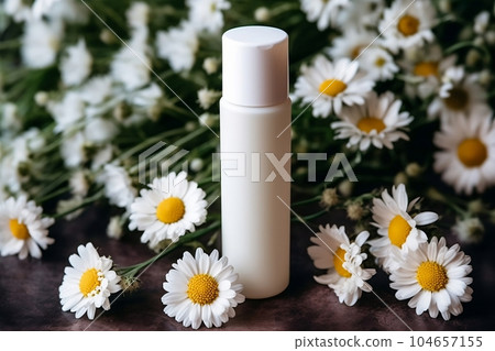 Mock-up tube of white cream in chamomile flowers Mock-up tube of white cream in chamomile flowers 104657155
