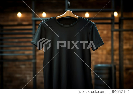 Black cotton T-shirt hanging on a hanger, a place for text Black cotton T-shirt hanging on a hanger, a place for text 104657165