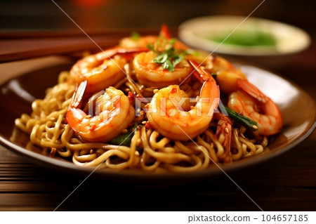 Pasta with shrimp and herbs in a plate 104657185