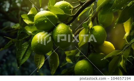Green lemons on a branch 104657194