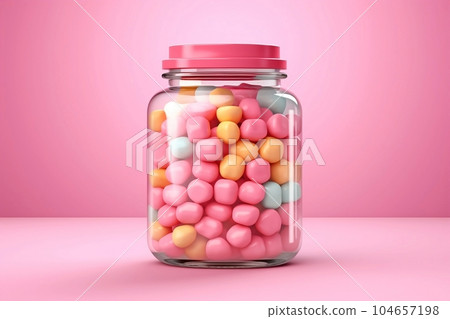 Glass jar with pink candies 104657198