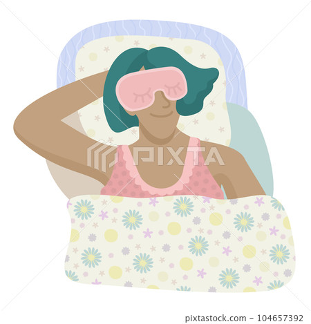Young woman in sleeping mask lying in bed and sleeping with smile 104657392