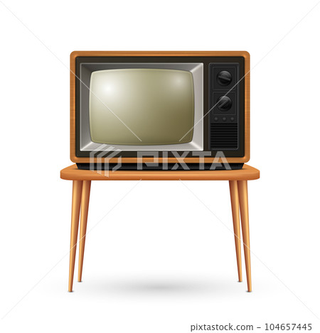 Vector 3d Realistic Retro TV Receiver Isolated on White Background. Home Interior Design Concept. Vintage TV Set, Television, Front View 104657445