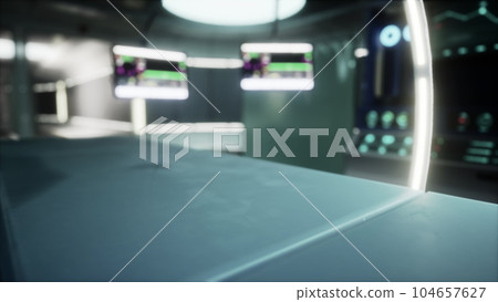 A wide shot of a huge MRI scanner in hospital. 104657627