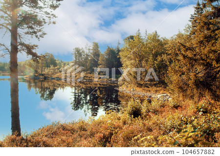 Autumn landscape with reflection in lake. Warm sunny day 104657882