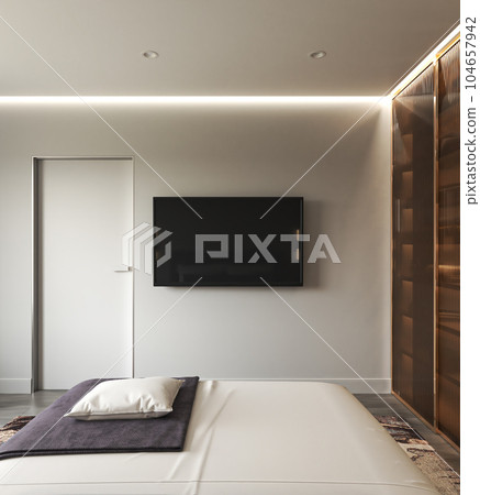 Front view minimal modern luxury interior. Design bedroom with bed. Mockup empty display template. Blank tv screen. High quality illustration 3d rendering Front view minimal modern luxury interior. Design bedroom with bed. Mockup empty display template. Blank tv screen. High quality illustration 3d rendering 104657942