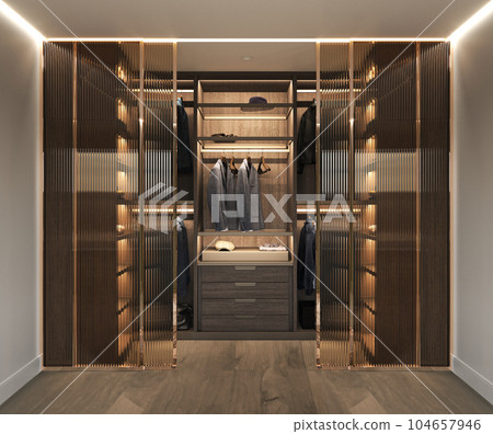 Luxury studio apartment loft style in dark colors. Stylish modern room area with wooden wardrobe. 3d rendering. High quality 3d illustration 104657946
