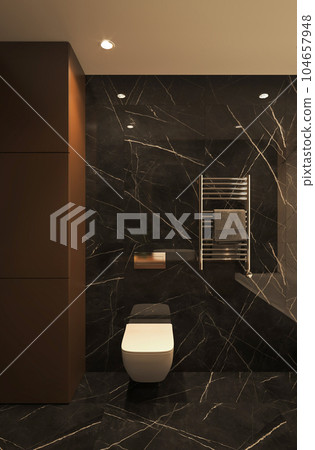 Dark bathroom interior with black marble and white toilet. Minimalist design modern luxury furniture. 3d rendering. High quality 3d illustration 104657948