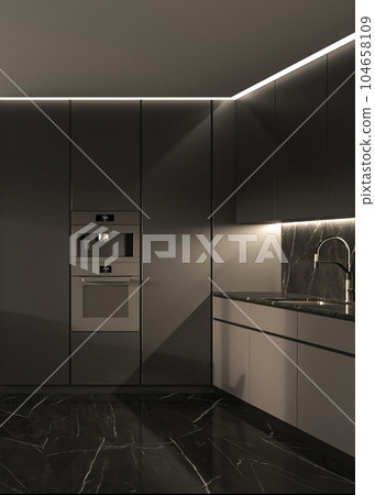 Modern dark kitchen interior with white ceiling, marble tile floor. Front view. 3d rendering. High quality 3d illustration 104658109