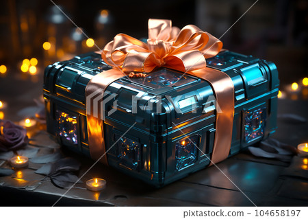Blue gift box with bow on the background of bokeh effect. Generative AI 104658197