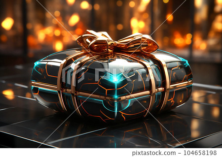 Blue gift box with bow on the background of bokeh effect. Generative AI 104658198