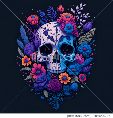 Illustration of Skull and Beautiful Flowers on Black Background. Mexican Day of Death Traditional Holiday Design for Poster, Banner, Printing, Invitation, Greeting Card or Cover. Ai Generated. 104658226
