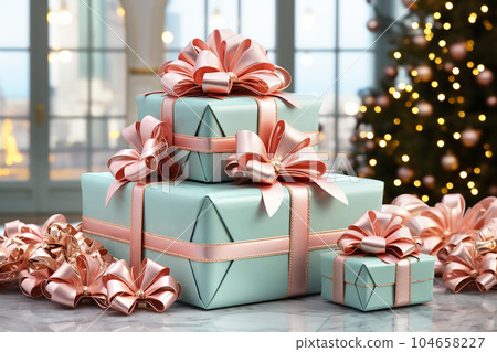 Christmas tree and mint gift boxes with pink bows in interior. Generative AI Christmas tree and mint gift boxes with pink bows in interior. Generative AI 104658227
