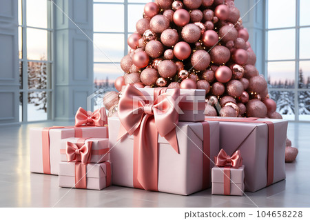 Christmas tree and pink gift boxes with pink bows in interior. Generative AI 104658228