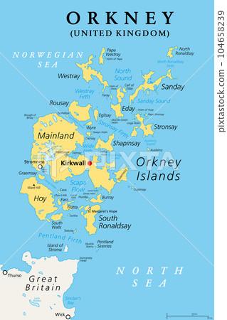 Orkney, or also Orkney Islands, political map. Archipelago of about 70 islands in the Northern Isles of Scotland, situated off the coast of the island of Great Britain, with Mainland as largest island Orkney, or also Orkney Islands, political map. Archipelago of about 70 islands in the Northern Isles of Scotland, situated off the coast of the island of Great Britain, with Mainland as largest island 104658239