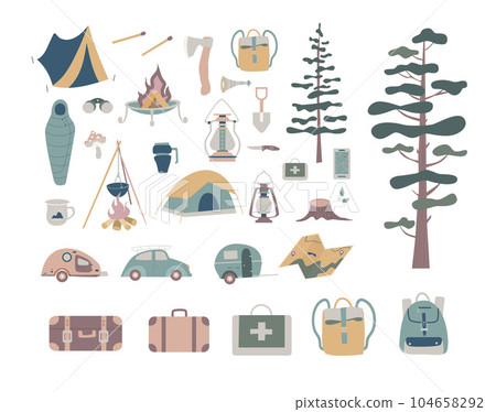 Set of doodle forest camping design elements. Hand drawn hiking and camping doodles perfect for summer camp flyers and posters. Set of doodle forest camping design elements. Hand drawn hiking and camping doodles perfect for summer camp flyers and posters. 104658292