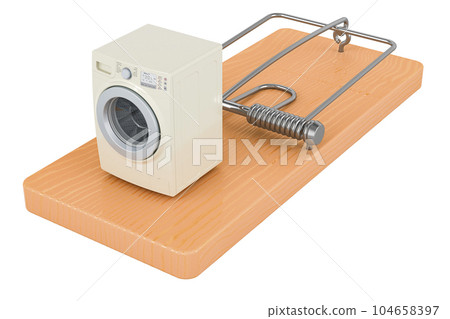 Washing machine inside mousetrap. 3D rendering Washing machine inside mousetrap. 3D rendering 104658397