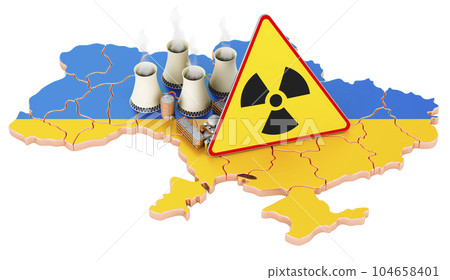 Nuclear power stations on Ukrainian map with radiation sign, 3D rendering Nuclear power stations on Ukrainian map with radiation sign, 3D rendering 104658401