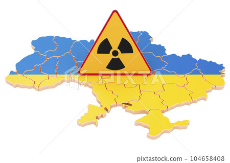 Risk Of Ukraine Nuclear Calamity, concept. Ukrainian map with radiation sign, 3D rendering Risk Of Ukraine Nuclear Calamity, concept. Ukrainian map with radiation sign, 3D rendering 104658408