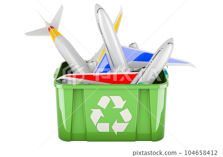 Recycling trashcan with airplanes, 3D rendering 104658412