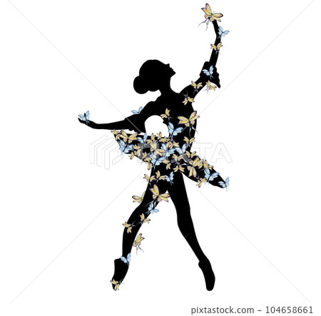 Watercolor dancing ballerina black lines. Isolated dancing ballerina.Hand drawn classic ballet performance, pose.Young pretty ballerina women illustration. Can be used for postcard and posters. 104658661