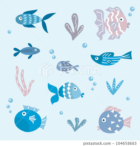 Blue cute cartoon fish and seaweed in flat style. Marine fauna and flora design element. Vector illustration 104658683