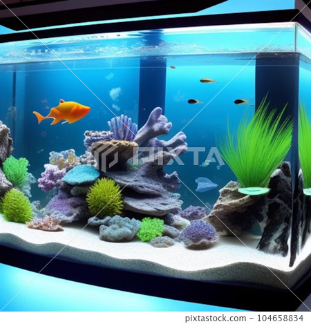 Fish, aquatic plants, and coral swimming freely in a clean tank 104658834