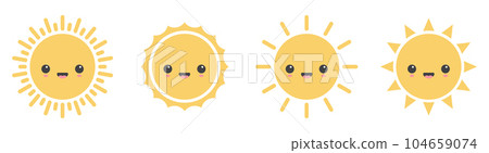 Cartoon sun icon with facial expression vector illustration isolated on white Cartoon sun icon with facial expression vector illustration isolated on white 104659074