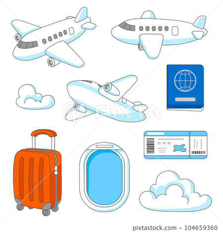 Travel icons set. Airplanes, suitcase, ticket and passport for tourism advertising. 104659360