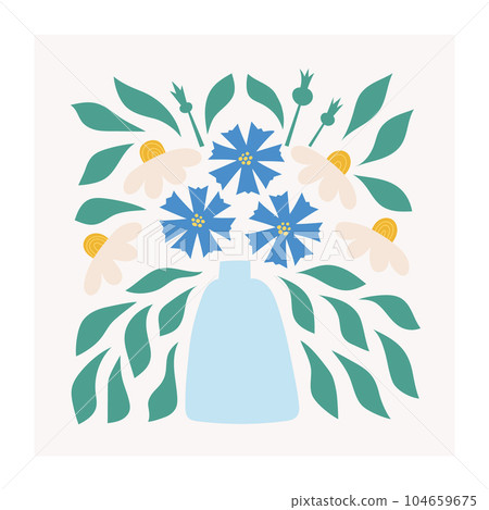 Flower market poster with simple meadow flowers in vase. Vector illustration with chamomile, cornflowers, leaves. Flower market poster with simple meadow flowers in vase. Vector illustration with chamomile, cornflowers, leaves. 104659675