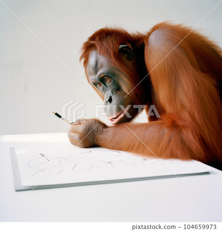 Orangutan monkey writes draws on paper with a pen, orangutan writer, close-up on white, Orangutan monkey writes draws on paper with a pen, orangutan writer, close-up on white, 104659973