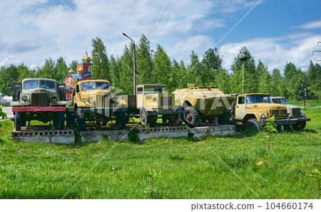 June 11, 2022 Russia Tver region Rzhev city old Russian military vehicles from the Second World War. June 11, 2022 Russia Tver region Rzhev city old Russian military vehicles from the Second World War. 104660174
