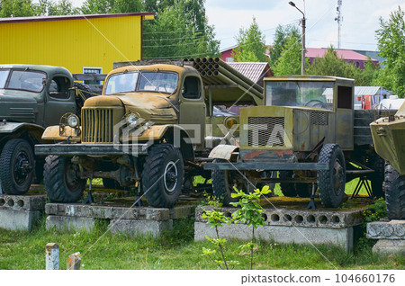June 11, 2022 Russia Tver region Rzhev city old Russian military vehicles from the Second World War. June 11, 2022 Russia Tver region Rzhev city old Russian military vehicles from the Second World War. 104660176