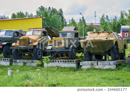 June 11, 2022 Russia Tver region Rzhev city old Russian military vehicles from the Second World War. June 11, 2022 Russia Tver region Rzhev city old Russian military vehicles from the Second World War. 104660177