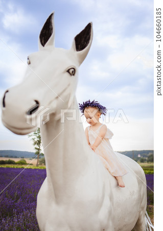 An illustration of a girl sitting on a white horse in a lavender field is shown An illustration of a girl sitting on a white horse in a lavender field is shown 104660185