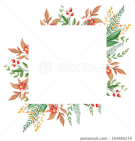 Watercolor square forest frame with fern, green branches, red and yellow berries and wildflowers isolated on white background. Hand drawn botanical illustration. Can be used for logo design, as 104660219