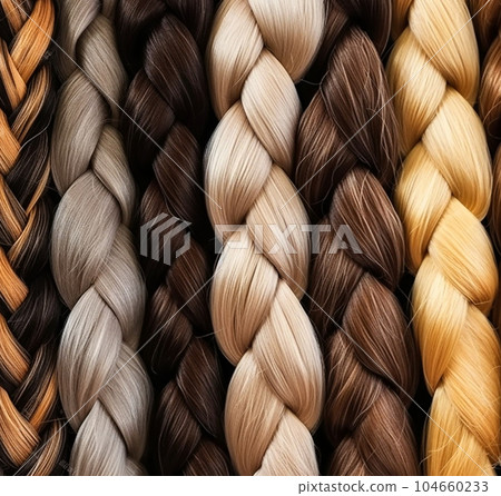 Texture of braided hair of different colors and shades, red, blond, chestnut, brown, close-up macro, background for advertising banners of beauty and hairdressing salons Texture of braided hair of different colors and shades, red, blond, chestnut, brown, close-up macro, background for advertising banners of beauty and hairdressing salons 104660233