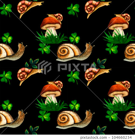 Watercolor seamless pattern wild forest mushrooms porcini and snail. Nature forest lawn scene. Wild landscape. Isolated eco natural illustration on black background Watercolor seamless pattern wild forest mushrooms porcini and snail. Nature forest lawn scene. Wild landscape. Isolated eco natural illustration on black background 104660234