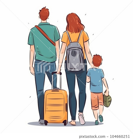Family goes on a trip, dad, mom and son are walking along the road with suitcase in their hand, man, woman and child with a suitcase, color drawing, illustration, banner, 104660251