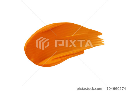 Smear of orange cream. Sunscreen cream swatch isolated on white background. Swatch of vitamin C face mask. Smear of orange cream. Sunscreen cream swatch isolated on white background. Swatch of vitamin C face mask. 104660274