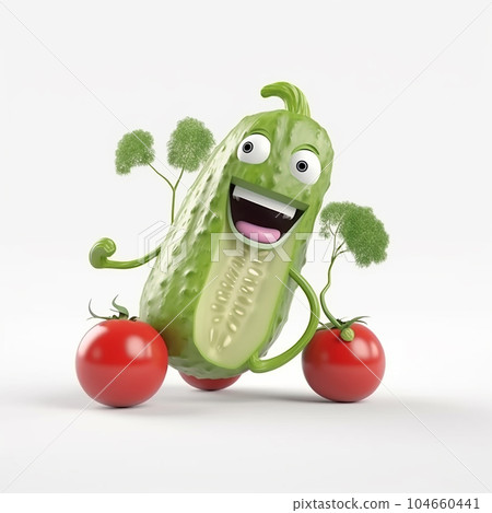Funny cucumber dancing with a tomato on a white background, funny vegetables, cartoon style, for advertising and packaging design,  104660441