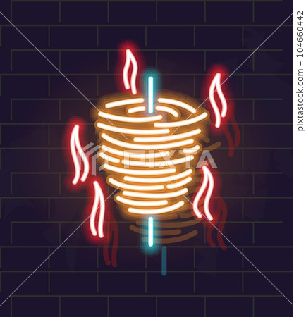 Neon spicy doner icon. Turkish street food. Isolated illustration on brick wall background. Neon spicy doner icon. Turkish street food. Isolated illustration on brick wall background. 104660442
