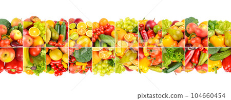 Vegetables, fruits and berries separated by vertical lines isolated on white 104660454